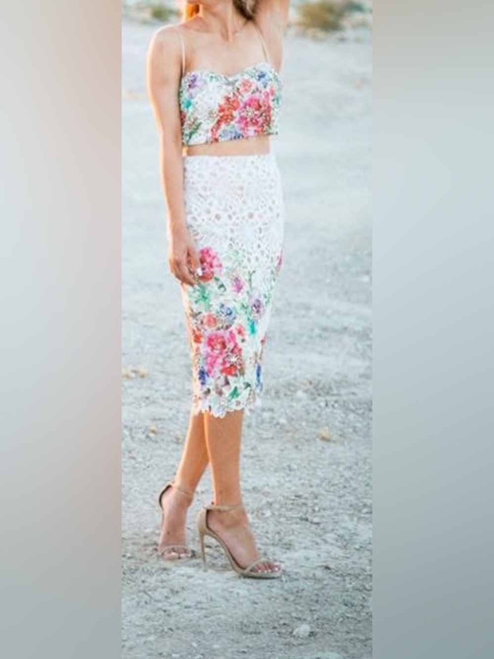 Floral Lace Crochet Pencil Skirt and top
Set 

White with Multicolor Floral